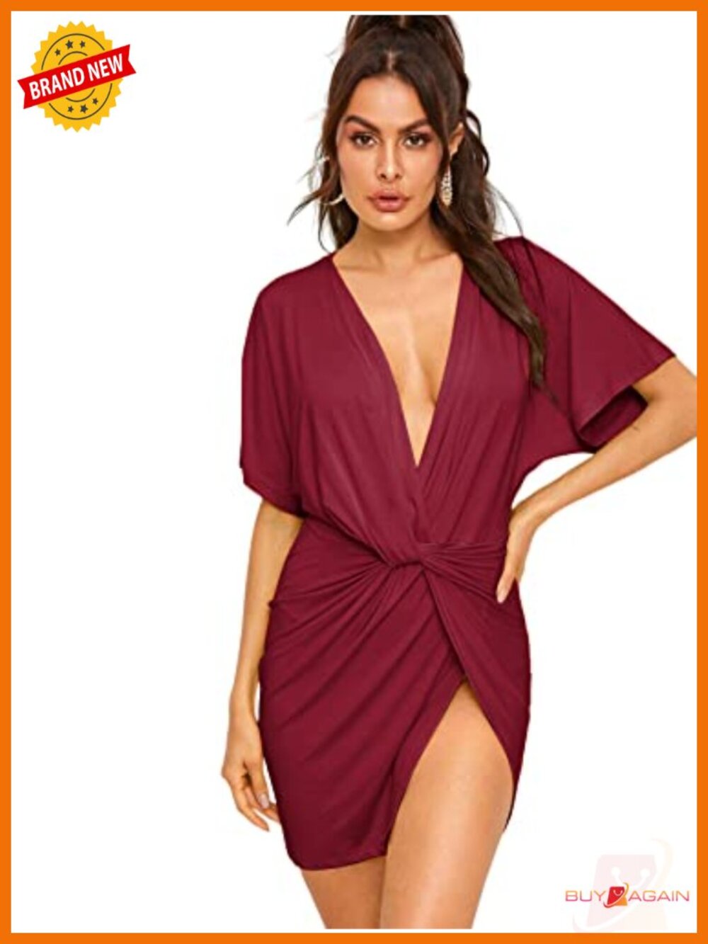 Women's Deep V Neck High Slit Mini Party Dress Short Sleeve